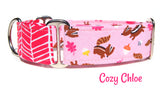 Autumn Pink Leaves & Chipmunks Martingale Dog Collar - Two Tone Control Loop Design