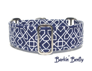 2 Inch Wide Blue Geometric Martingale Dog Collar, Ready to Ship, Size Large 13-17"