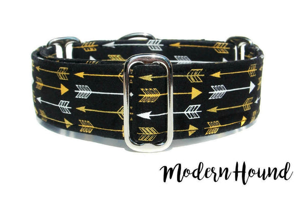 Black and Gold Arrows 2 inch Martingale Dog Collar, Ready to Ship, Size Large 13-17