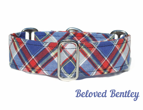 Blue and Red Plaid Dog Collar Made in Canada By Collar Town Martingale Chain Buckle Wide Modern Thick Greyhounds