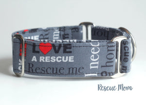 Rescue Dog Martingale Dog Collar, 1.5" Wide Ready to Ship, Size Large 13-17"