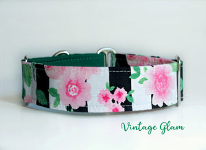 Floral Pink with Black and White Stripes Dog Collar - Two Tone Style