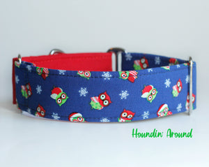 Christmas Owls Martingale Dog Collar - Red Control Loop