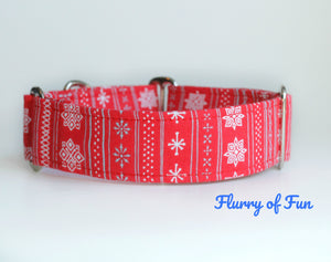 Red Winter Martingale Dog Collar - Ship Ready, 1.5" Wide, Size Large 13-17"