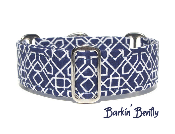 2 Inch Wide Blue Geometric Martingale Dog Collar, Ready to Ship, Size Large 13-17