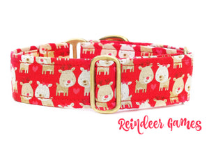Red Reindeer Martingale Dog Collar - Ship Ready, 1.5" Wide, Size Large 13-17" - Nickel/Silver Hardware