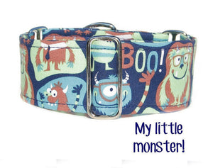 Blue Monsters Martingale Dog Collar, 1.5" Wide Ready to Ship, Size Large 13-17"